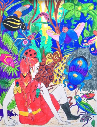 Vibrant children design of young elf on forest floor surrounded by large colourful bugs