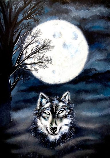 Wolf beneath full moon at night