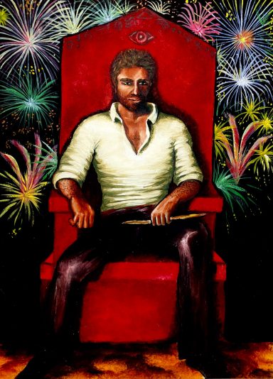 Confident man sitting down with fireworks lit above him