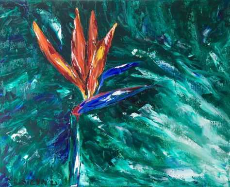 Impression style bird of paradise flower in vibrant colours against green