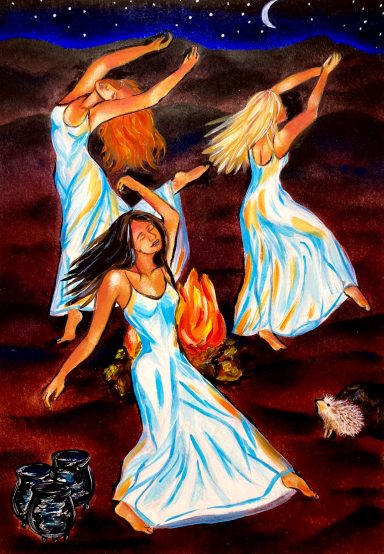 Three witches dancing in dresses outside at night