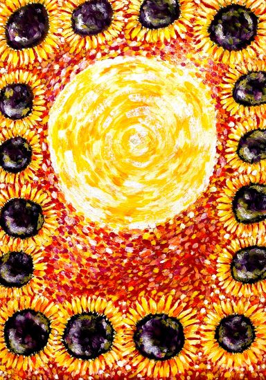Impression style of large sun surrounded by sunflowers 
