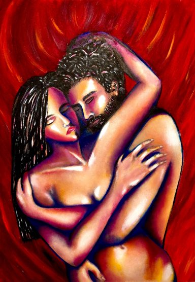 Man and woman embraced in a background of passionate red