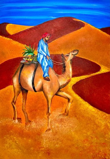 Arab man riding a camel in the desert dunes