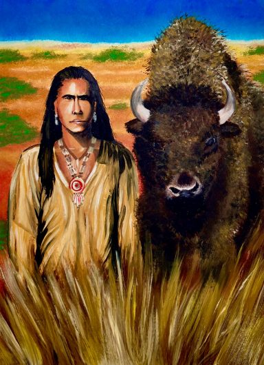 Native American Indian standing in the plains next to large buffalo